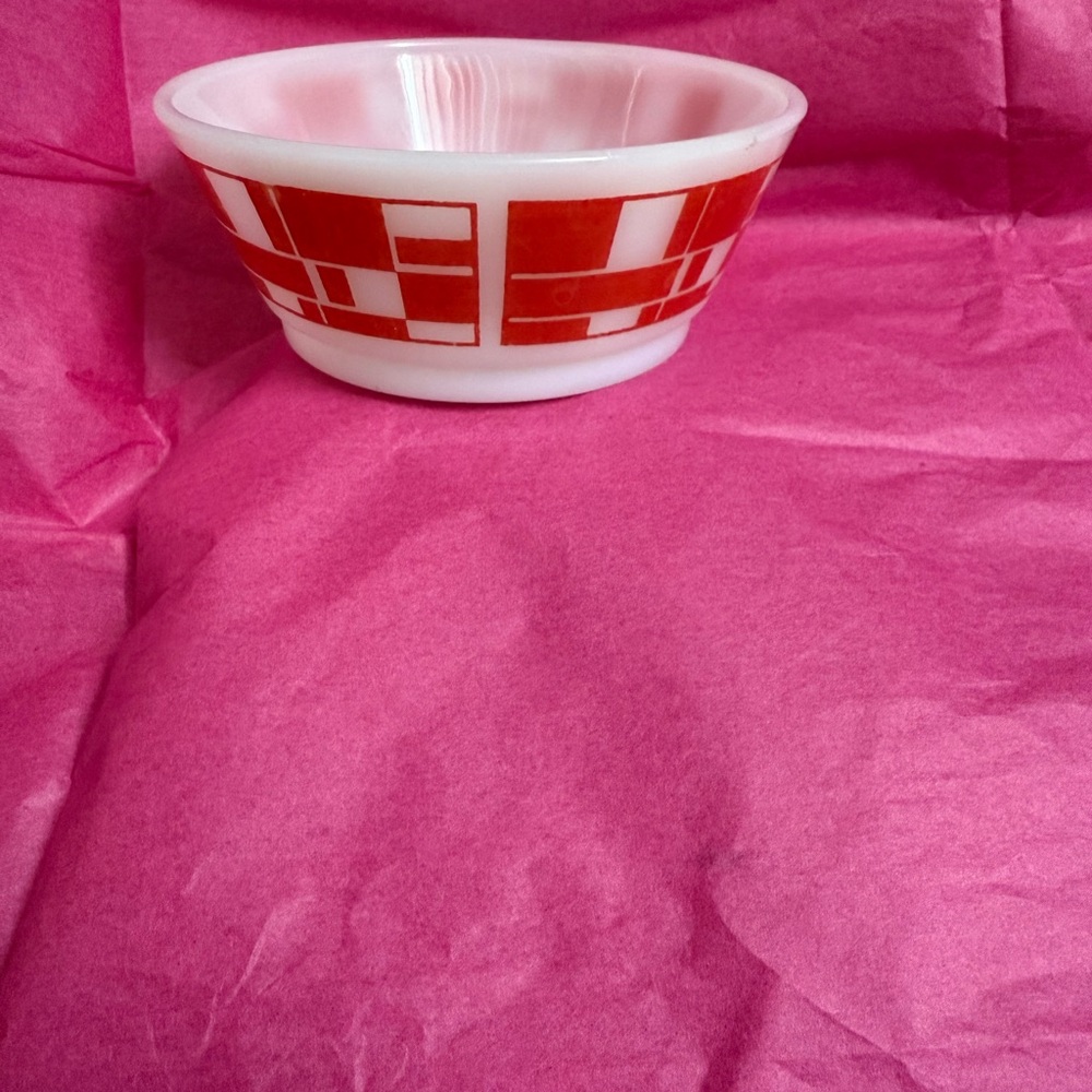 Red and White Fire King Geometric Pattern Bowl